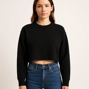 Free People Black Cropped Crewneck Sweatshirt